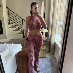 Red Flare Pants with Polka Dot Pattern